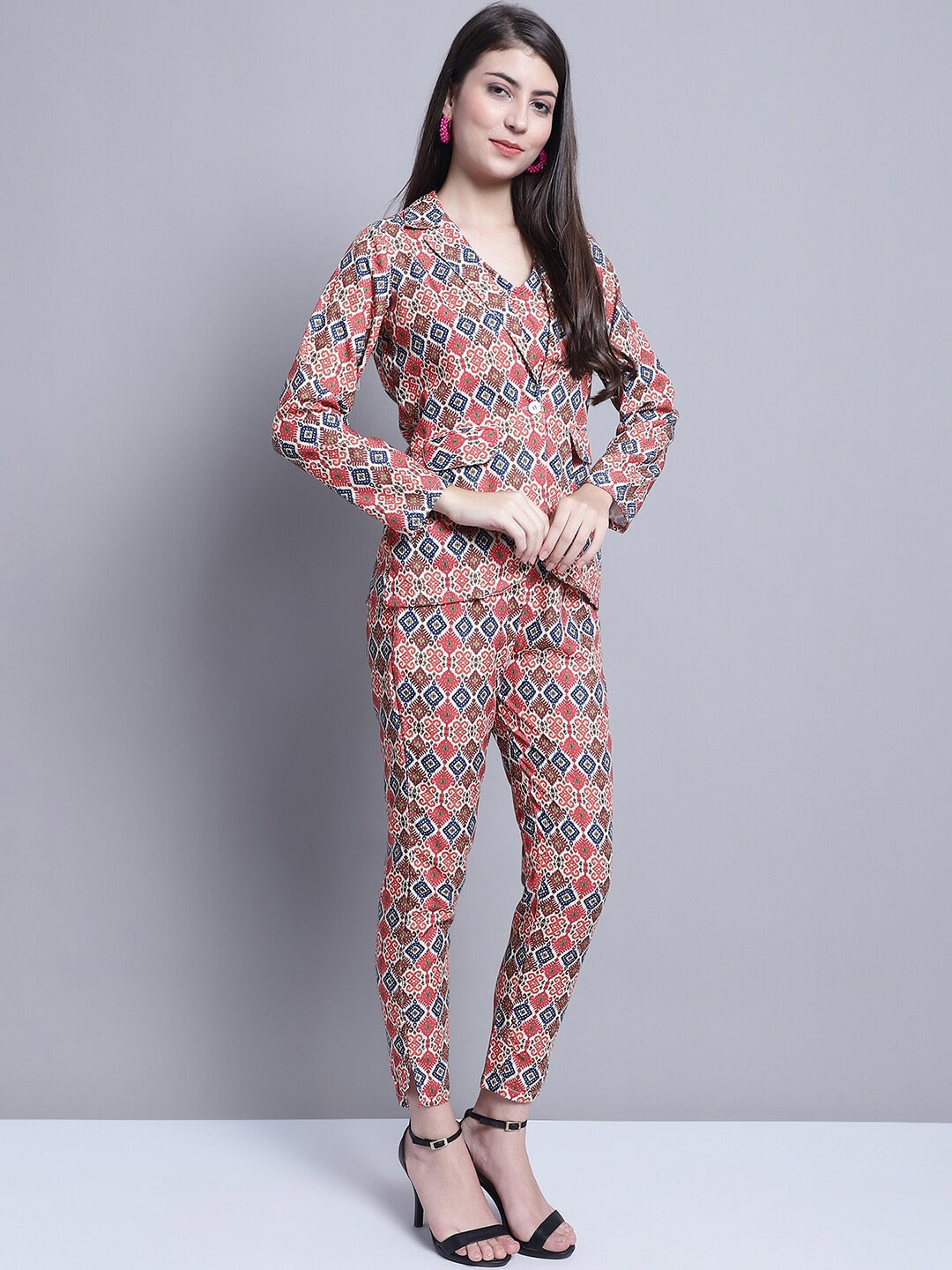 

JAINISH Digital Printed Cotton Top With Jacket & Trouser, Red
