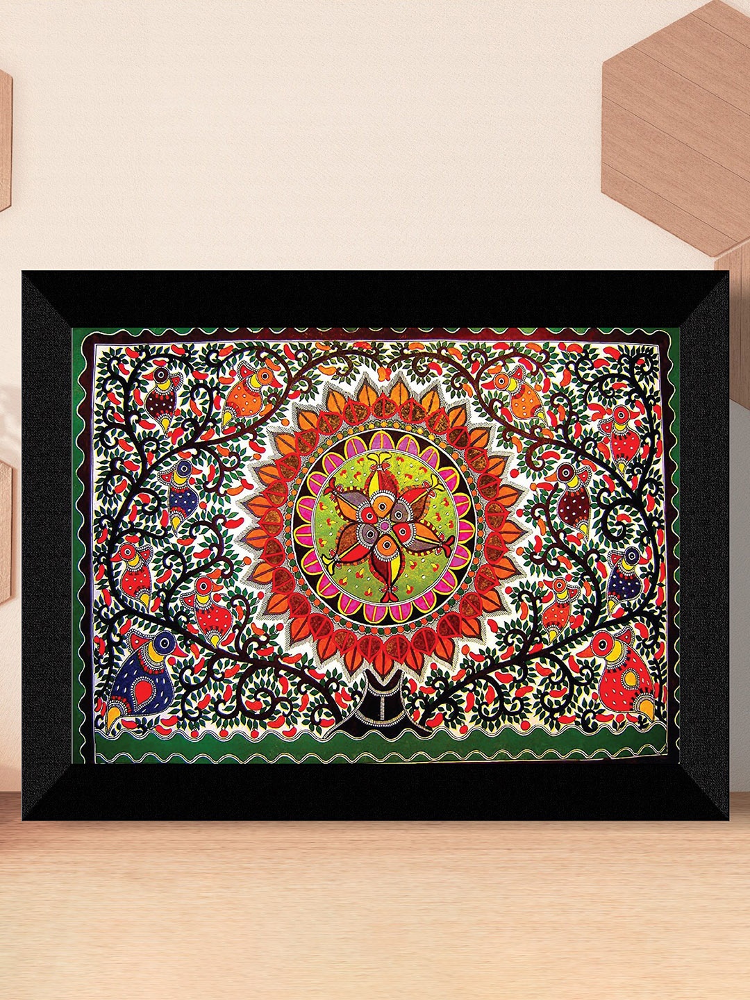 

SAF Black & Green Madhubani Traditional Painting Framed UV Coating Wall Art