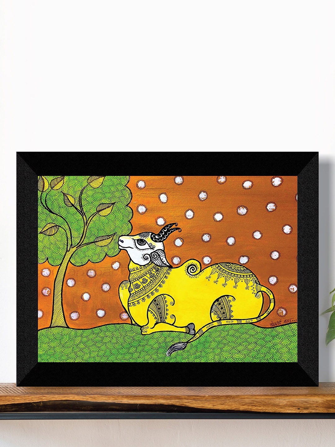 

SAF Green & Yellow Pichwai Cow Religious Painting Framed UV Coating Wall Art