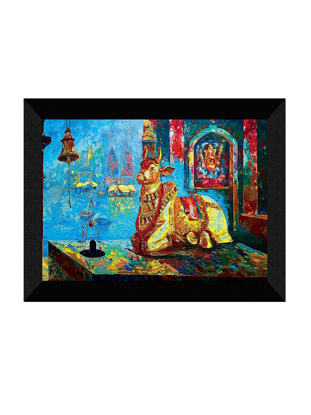 

SAF Blue & Yellow Lord Shiva & Nandi Painting Framed UV Coating Wall Art