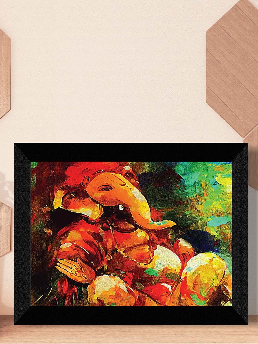 SAF Red & Green Lord Ganesha Painting Framed UV Coating Wall Art