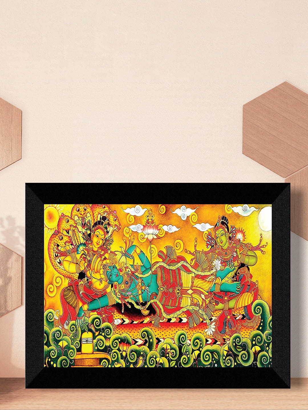

SAF Yellow & Green Kerela Mural Art Religious Printed Framed UV Coating Wall Painting