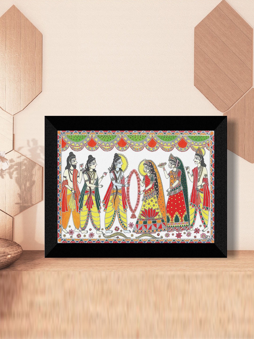 

SAF White & Red Maa Seeta Prabhu Ram Vivah Printed Framed UV Coating Wall Painting