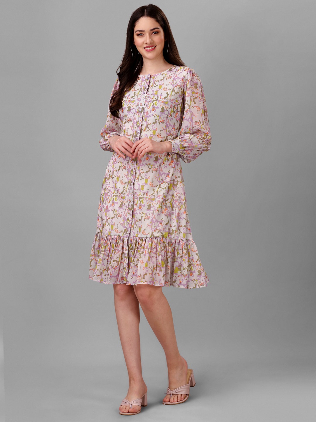 

Masakali.Co Abstract Printed Puff Sleeves Georgette A-Line Dress, Cream