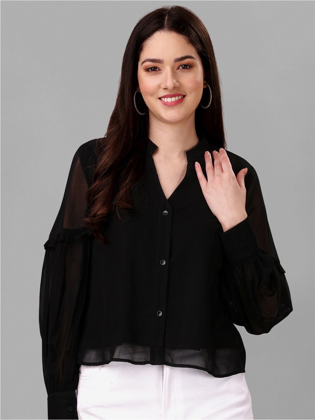 

Masakali.Co Mandarin Collar Puff Sleeves Shirt Style Top, Black