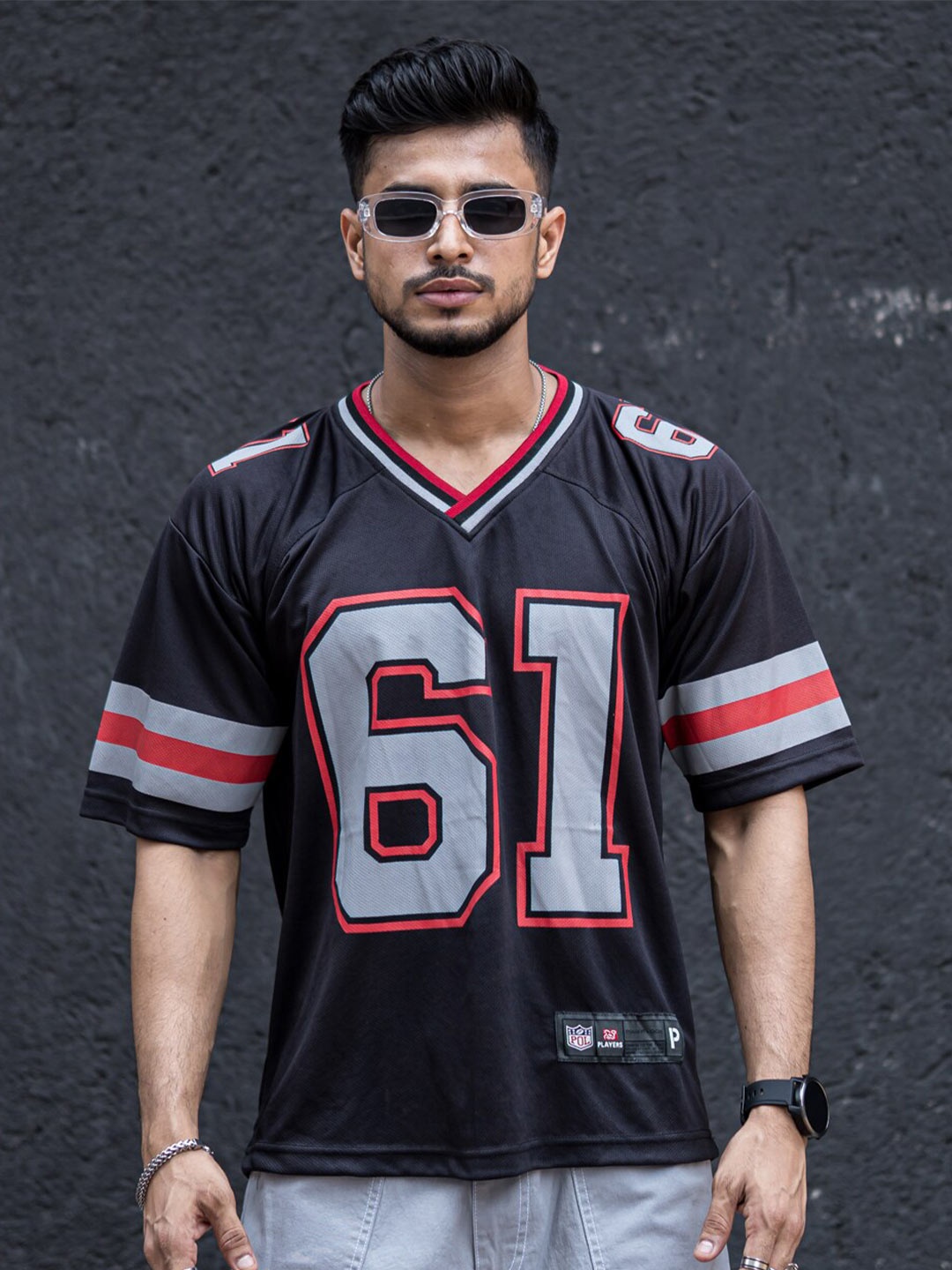 

Powerlook Black Typography Printed V-Neck Oversized T-shirt