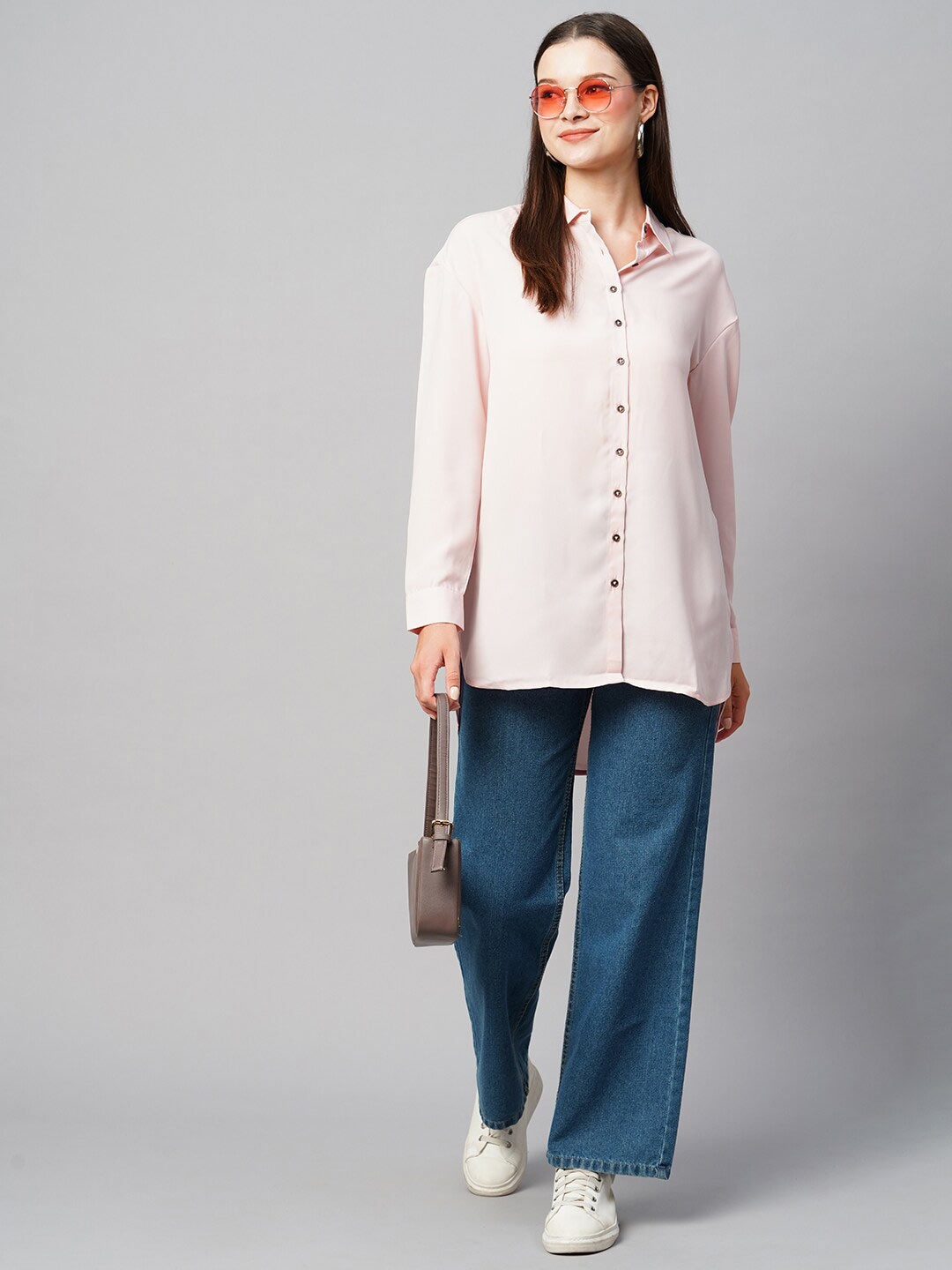 

Chemistry Spread Collar Drop Shoulder Sleeves High Low Casual Shirt, Pink