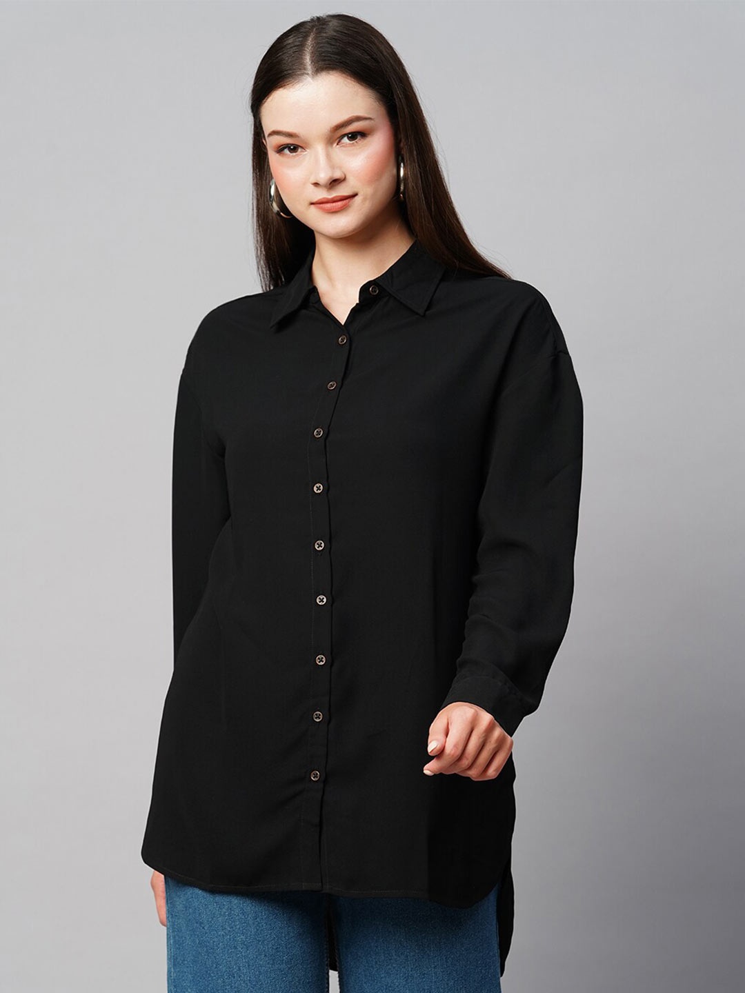 

Chemistry Spread Collar Drop Shoulder Sleeves High Low Casual Shirt, Black