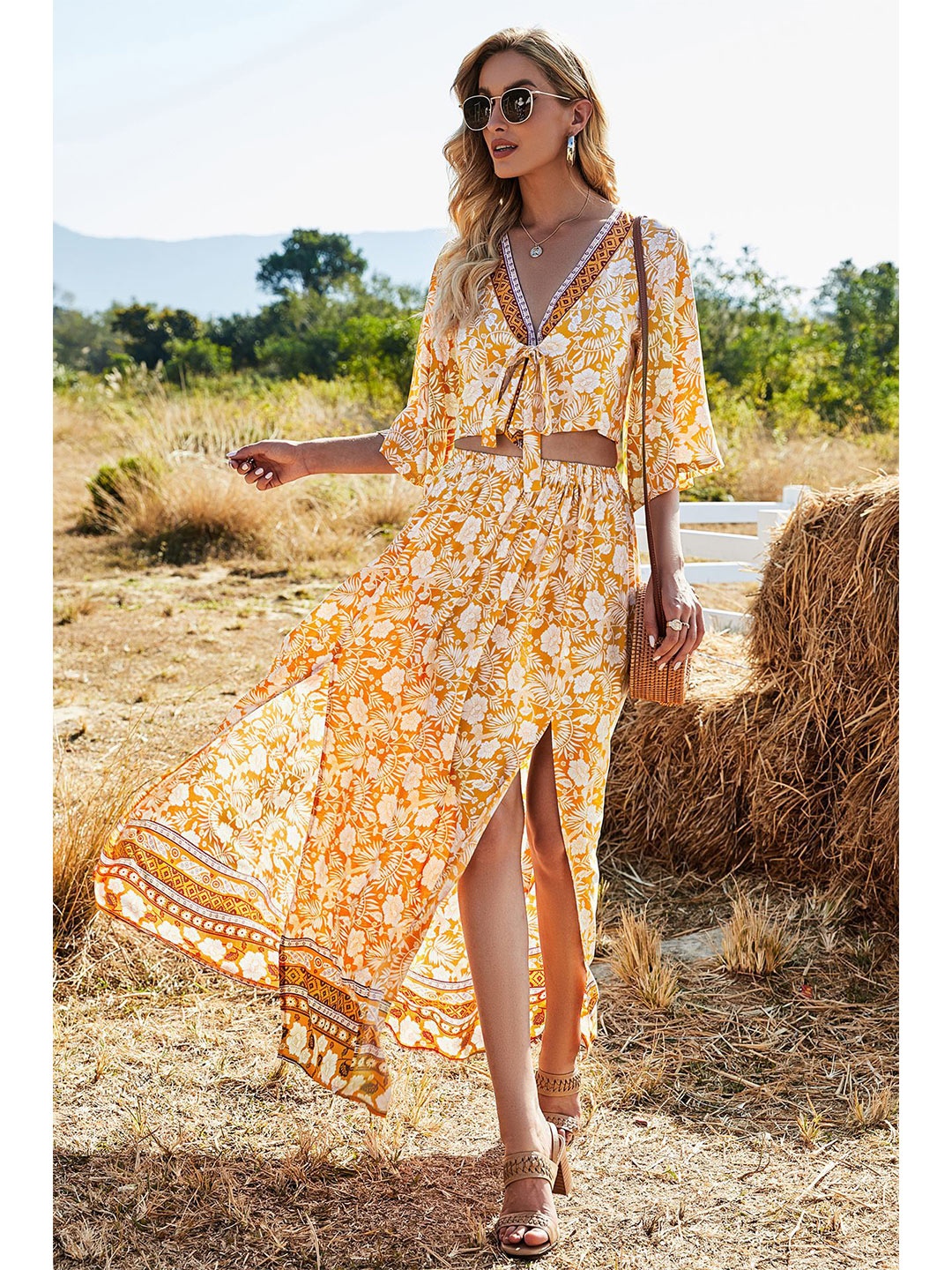 

BoStreet Yellow Printed Crop Top With Skirt