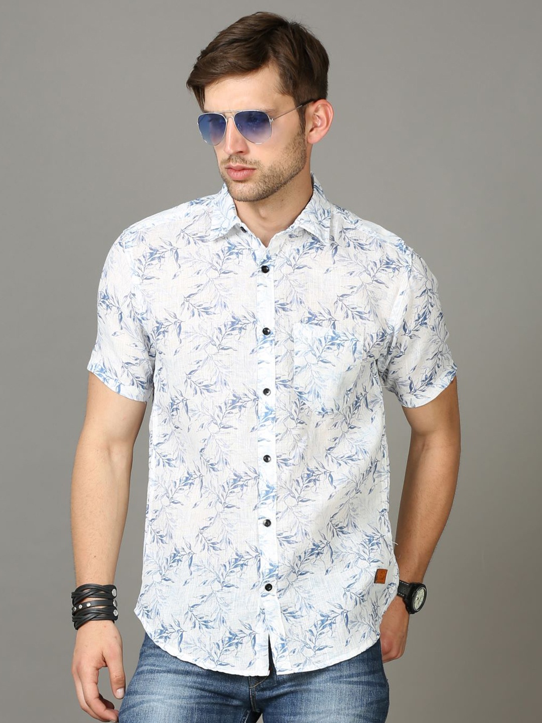 

Tallwalker Floral Printed Straight Slim Fit Casual Linen Shirt, White