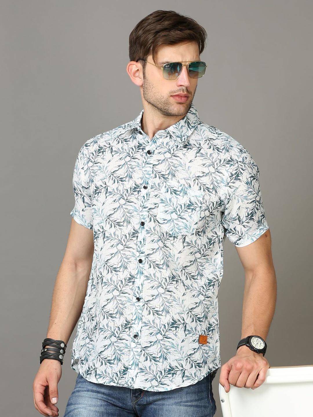

Tallwalker Leaf Printed Straight Slim Fit Casual Linen Shirt, White