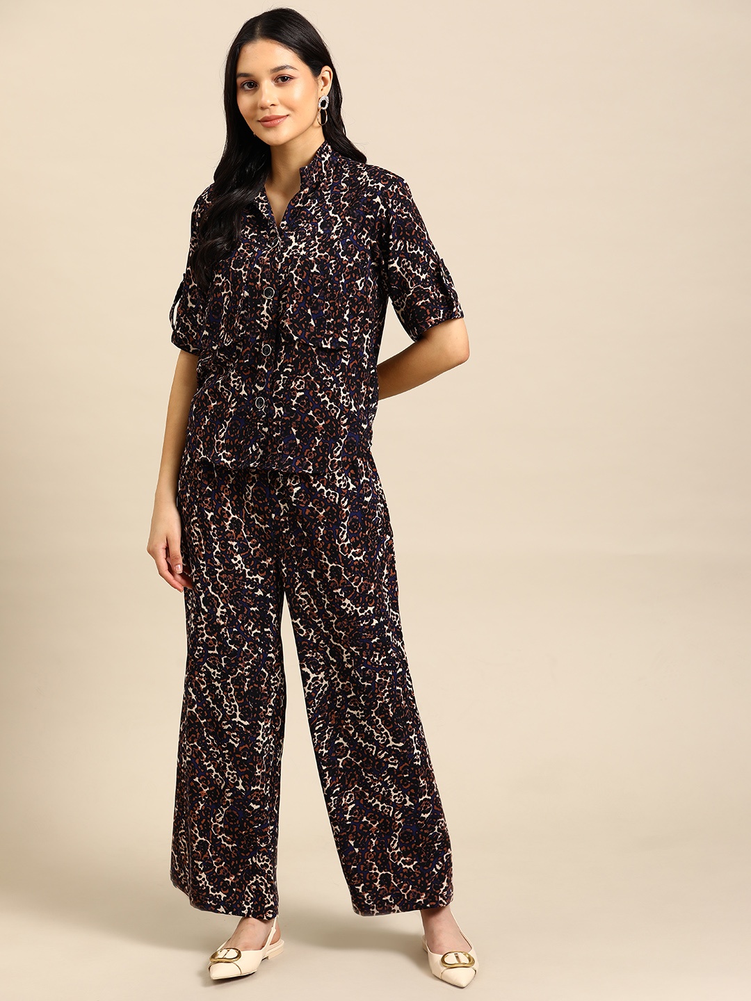 

WoowZerz Women Printed Shirt with Palazzos, Brown