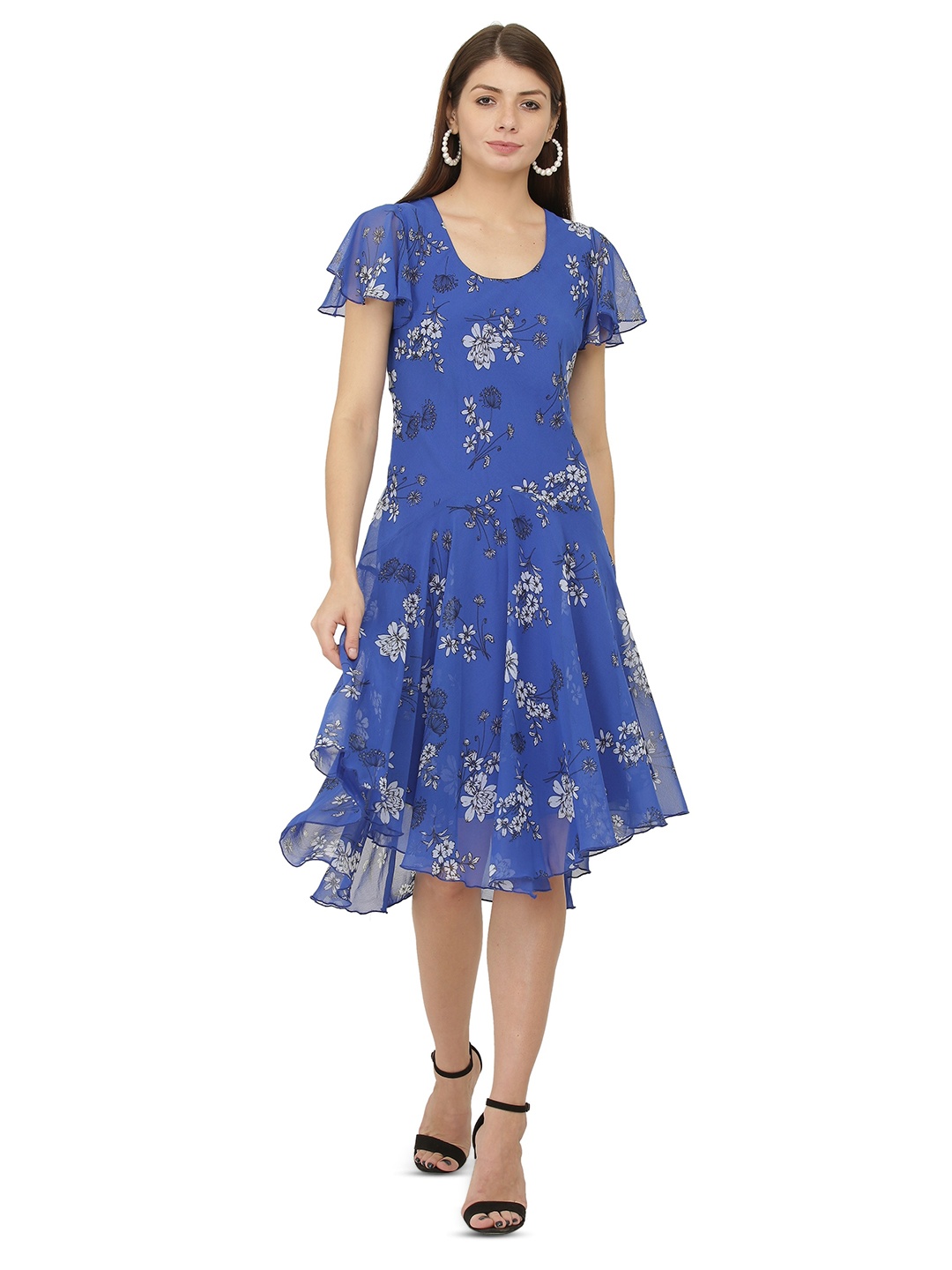 

TSM Floral Printed Flared Sleeves Georgette Fit & Flare Dress, Blue