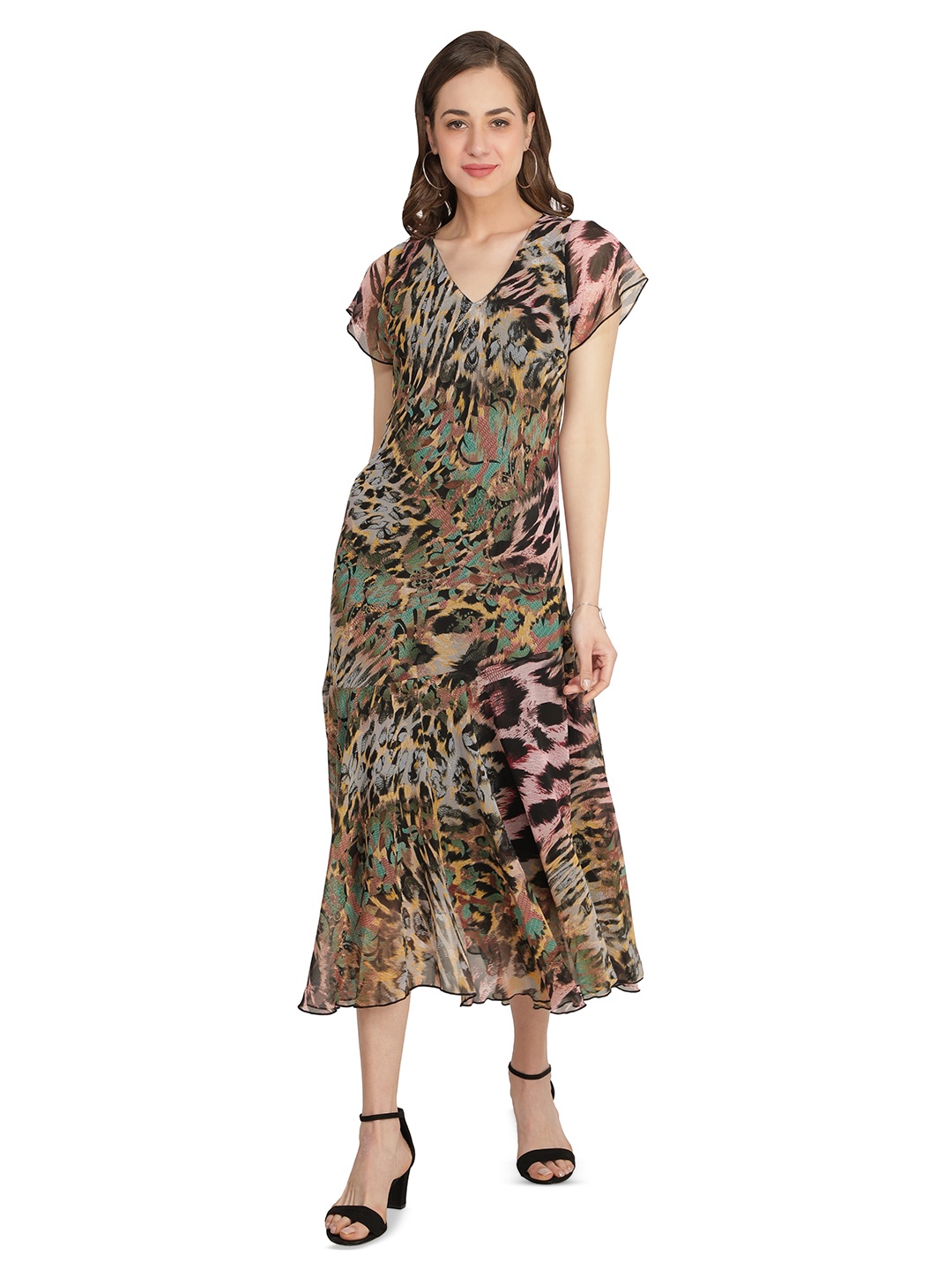 

TSM Animal Printed Georgette Fit & Flare Midi Dress, Brown