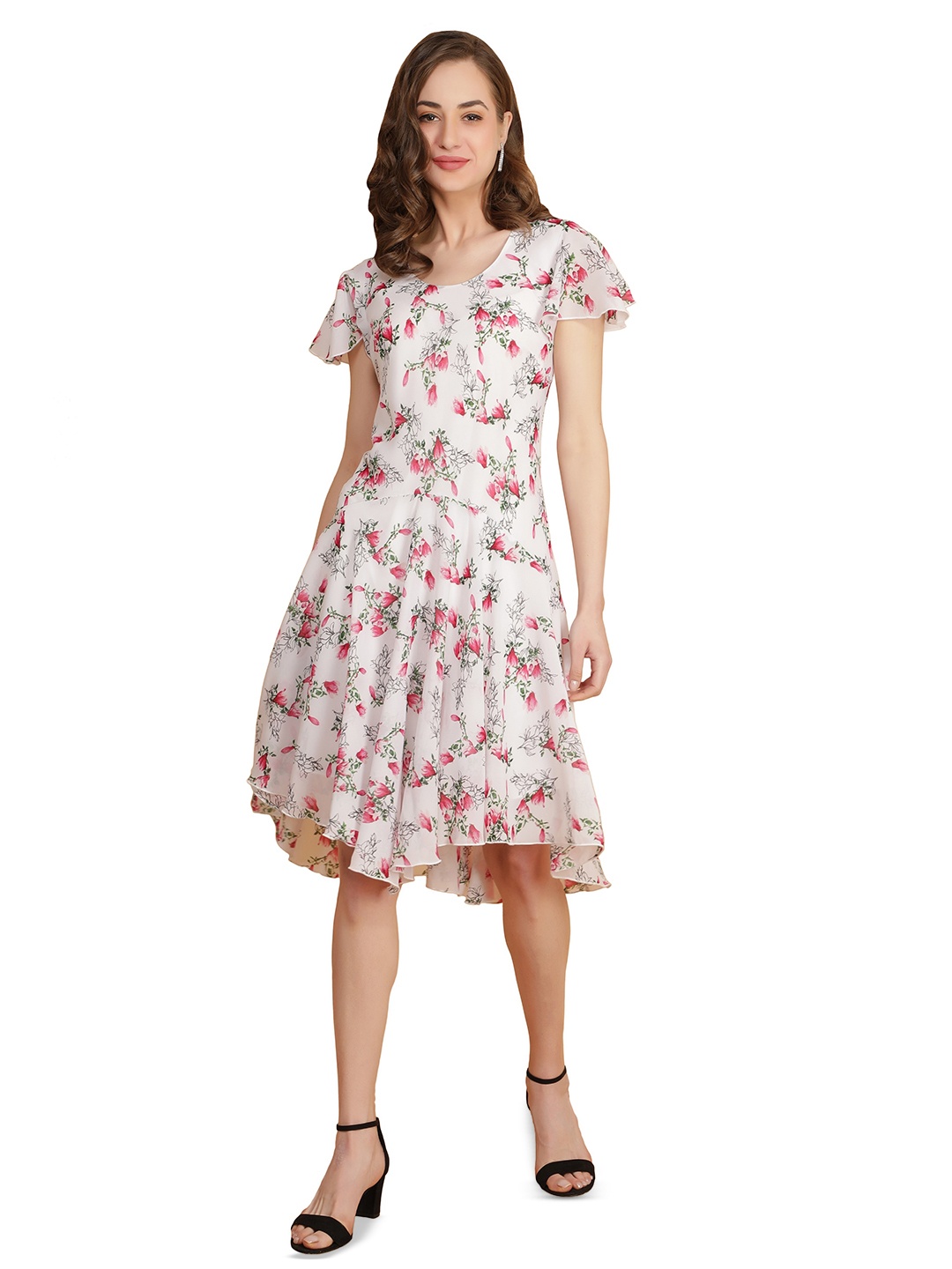 

TSM Floral Printed Flared Sleeves Georgette Fit & Flare Dress, White