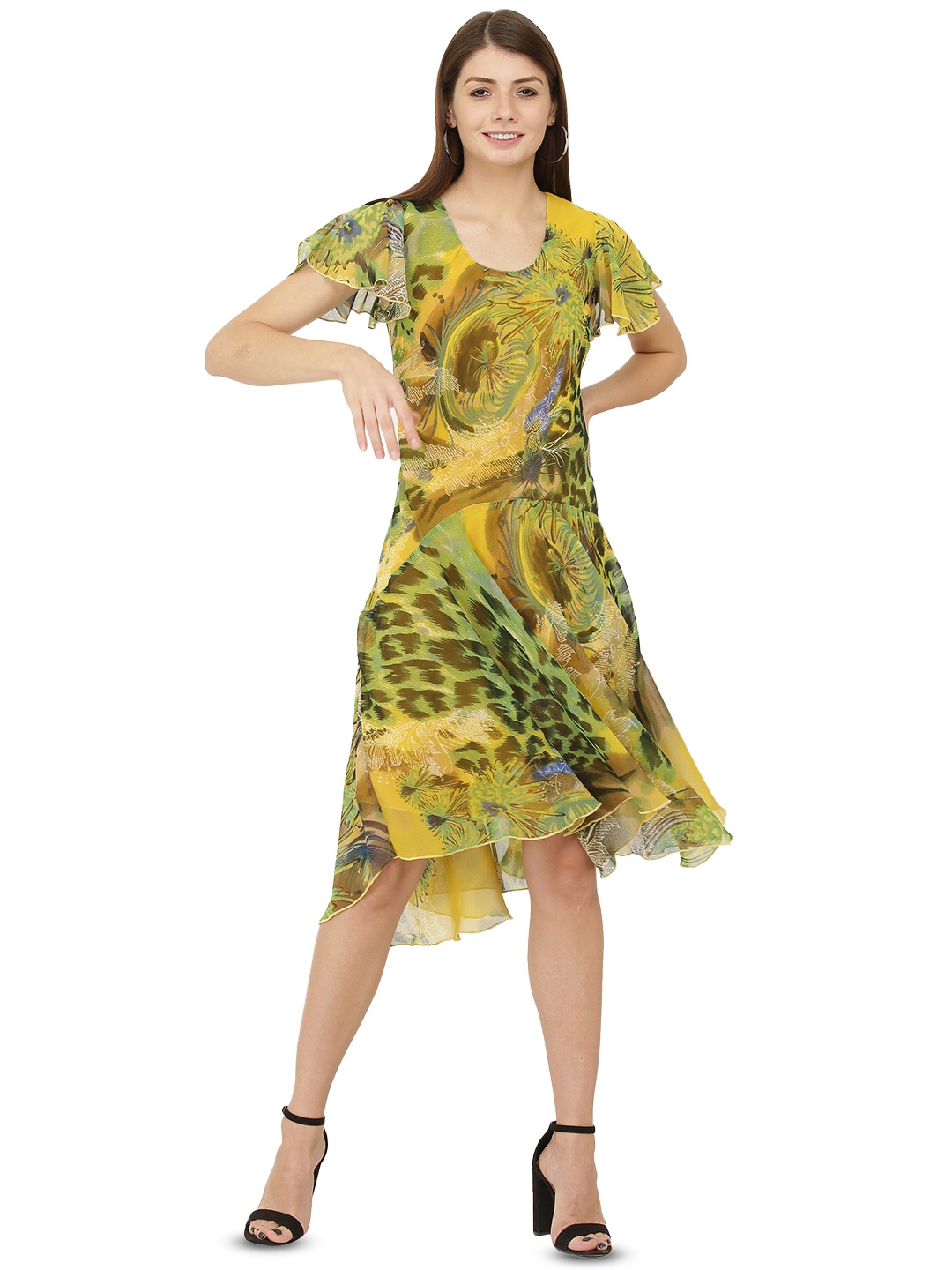 

TSM Animal Printed Georgette Fit & Flare Dress, Yellow