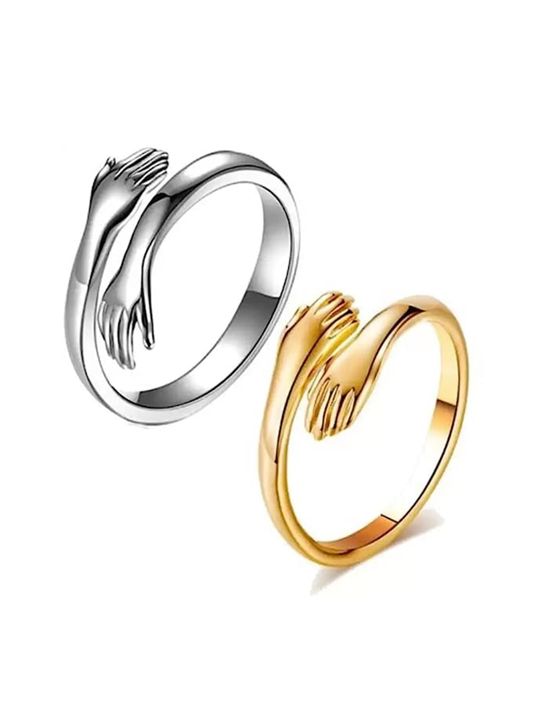 

VIEN Set Of 2 Hugging Hands Shaped Finger Rings, Silver