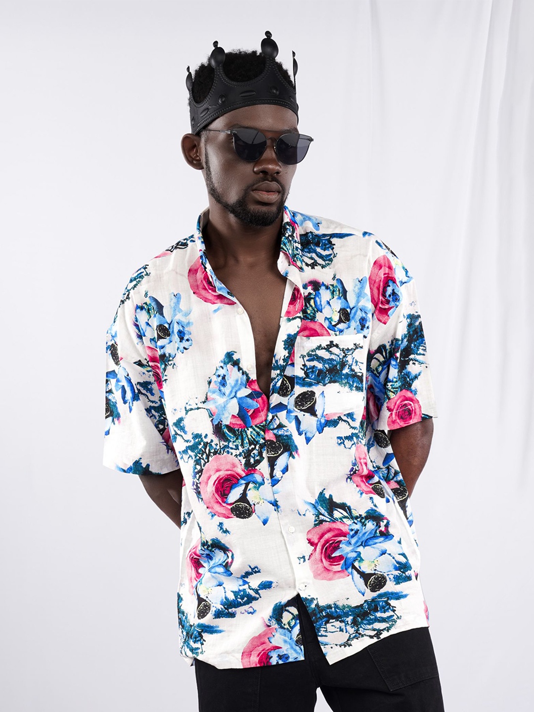 

FRENCH CROWN Floral Printed Standard Regular Fit Cotton Casual Shirt, White