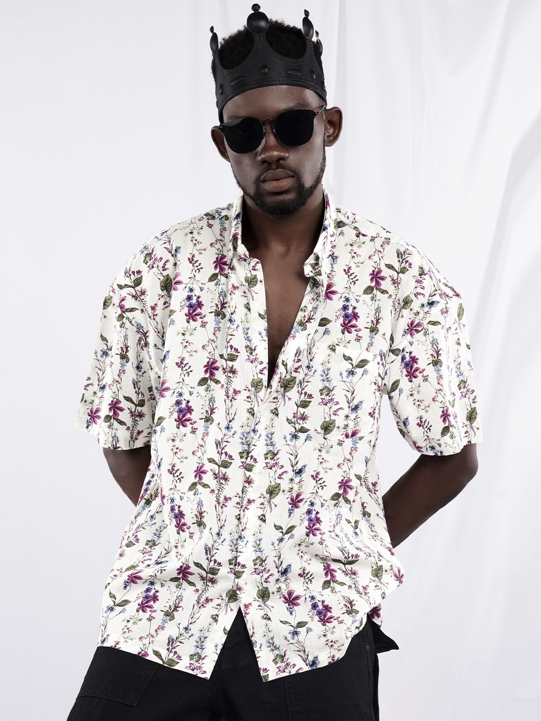 

FRENCH CROWN Floral Printed Standard Regular Slim Fit Cotton Casual Shirt, White