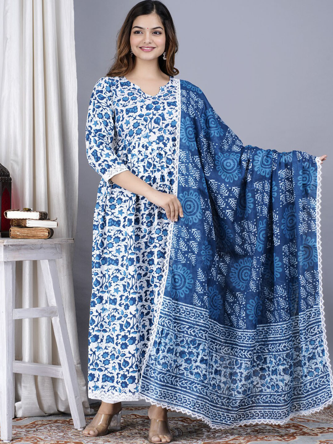 

Collection Rj23 Floral Printed Pure Cotton Anarkali Kurta With Trousers & Dupatta, White