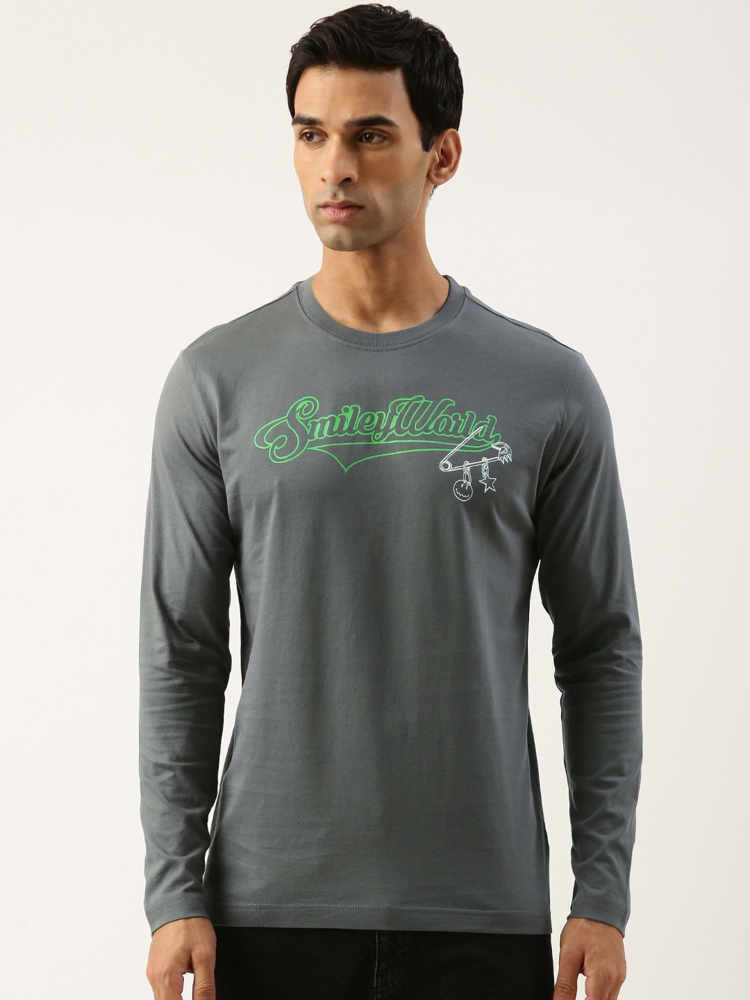 

Smiley Men Typography Printed T-shirt, Grey
