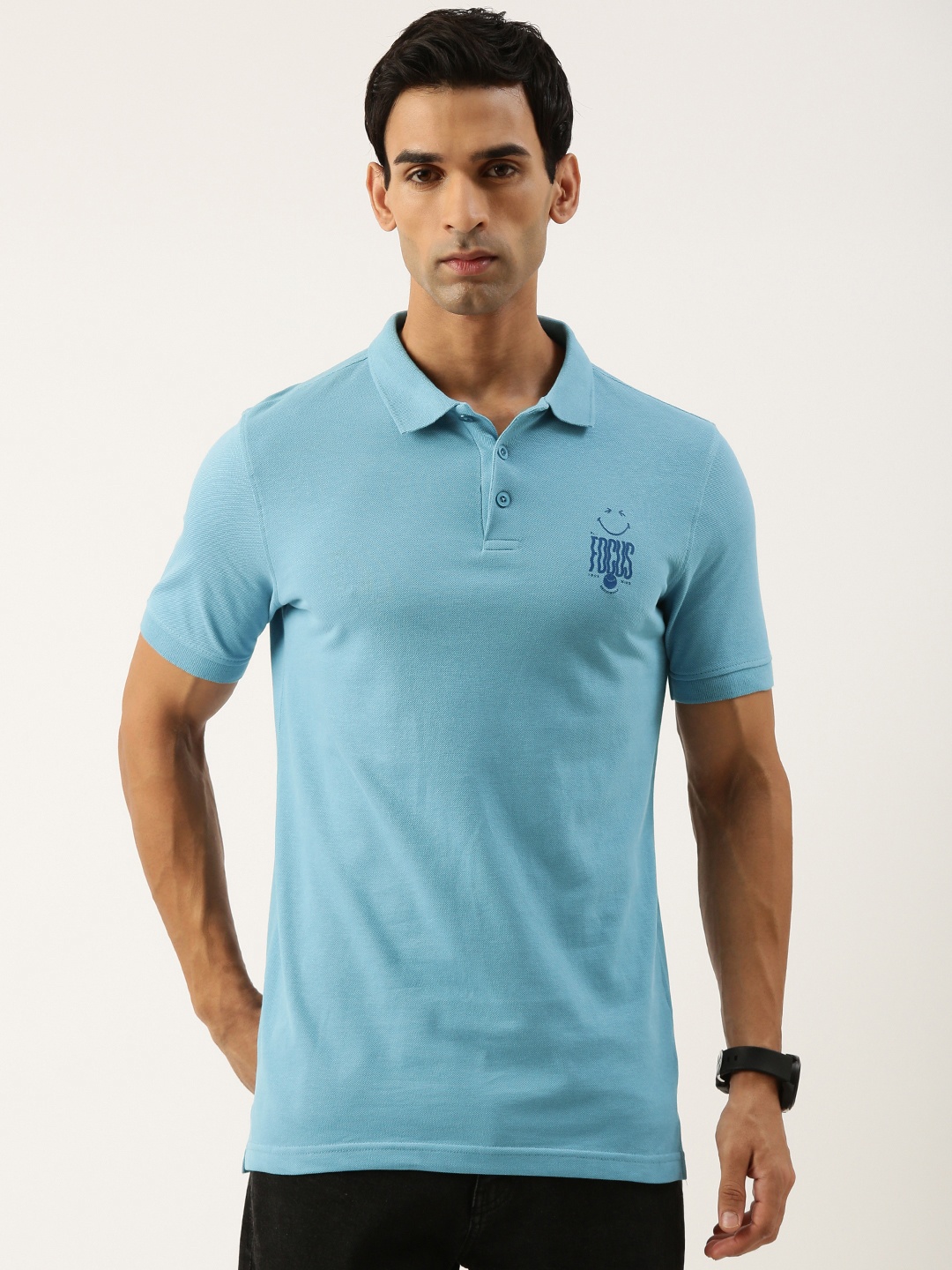 

Smiley Men Blue Typography Printed Polo Collar T-shirt