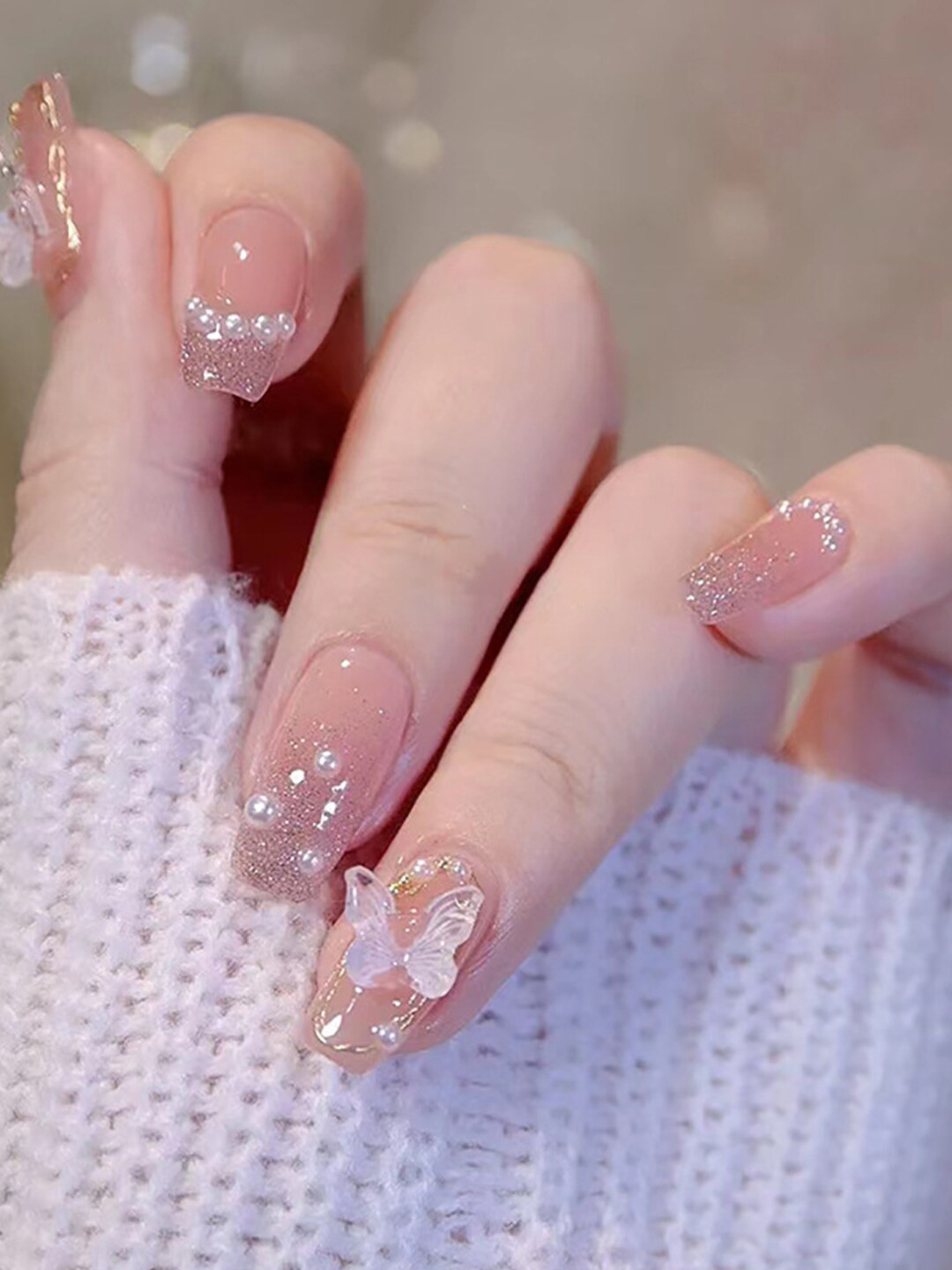

Secret Lives 24 Pieces 3D butterfly & Pearls Glitter Nail Extensions, Pink