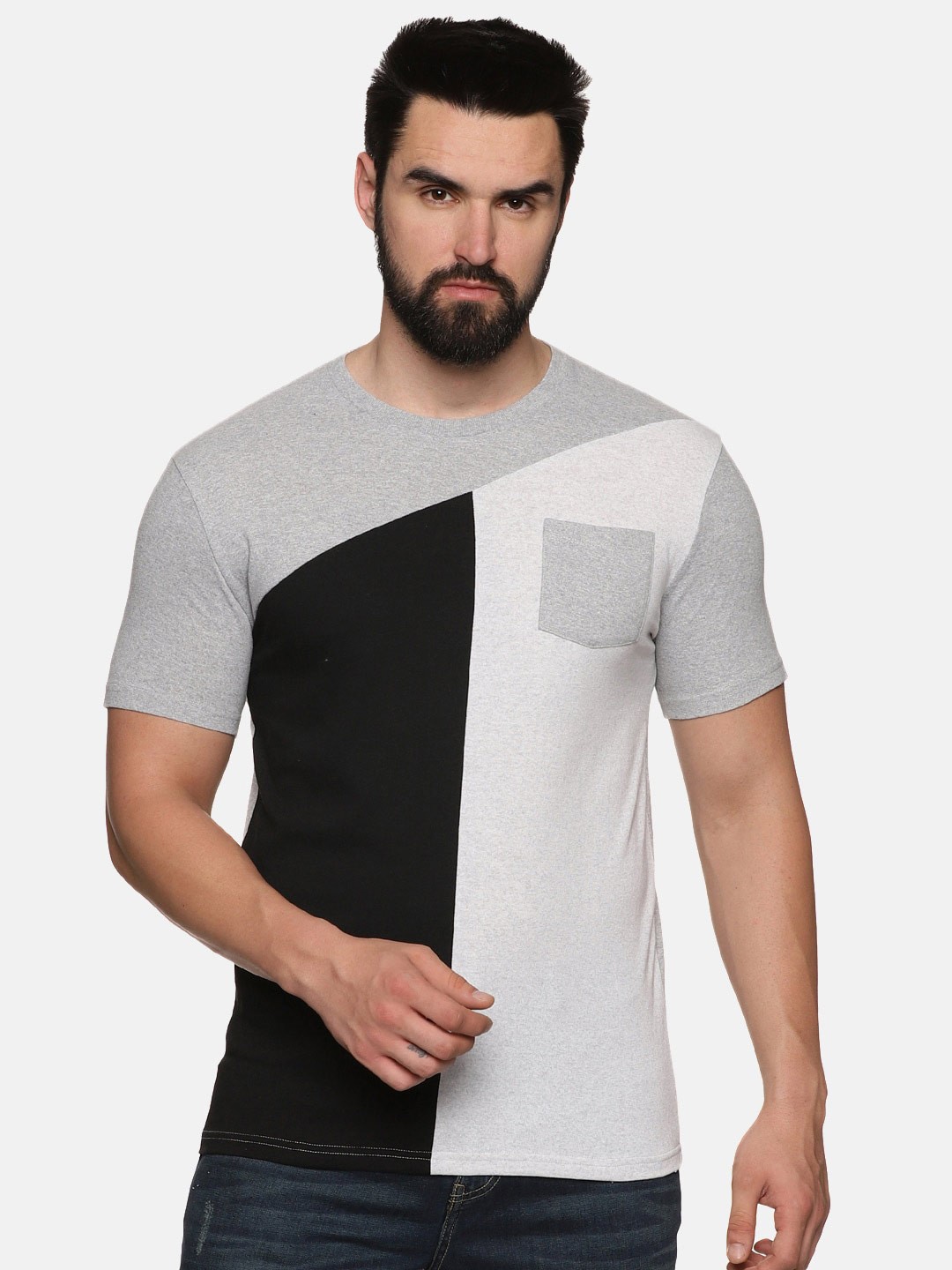 UrGear Colourblocked Chest Pocket Pure Cotton T-shirt, White