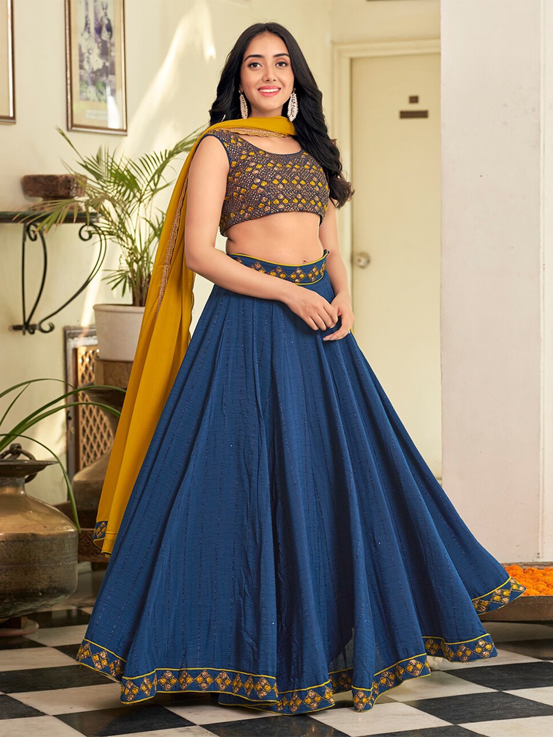 

PRENEA Embroidered Thread Work Ready to Wear Lehenga & Blouse with Dupatta, Turquoise blue