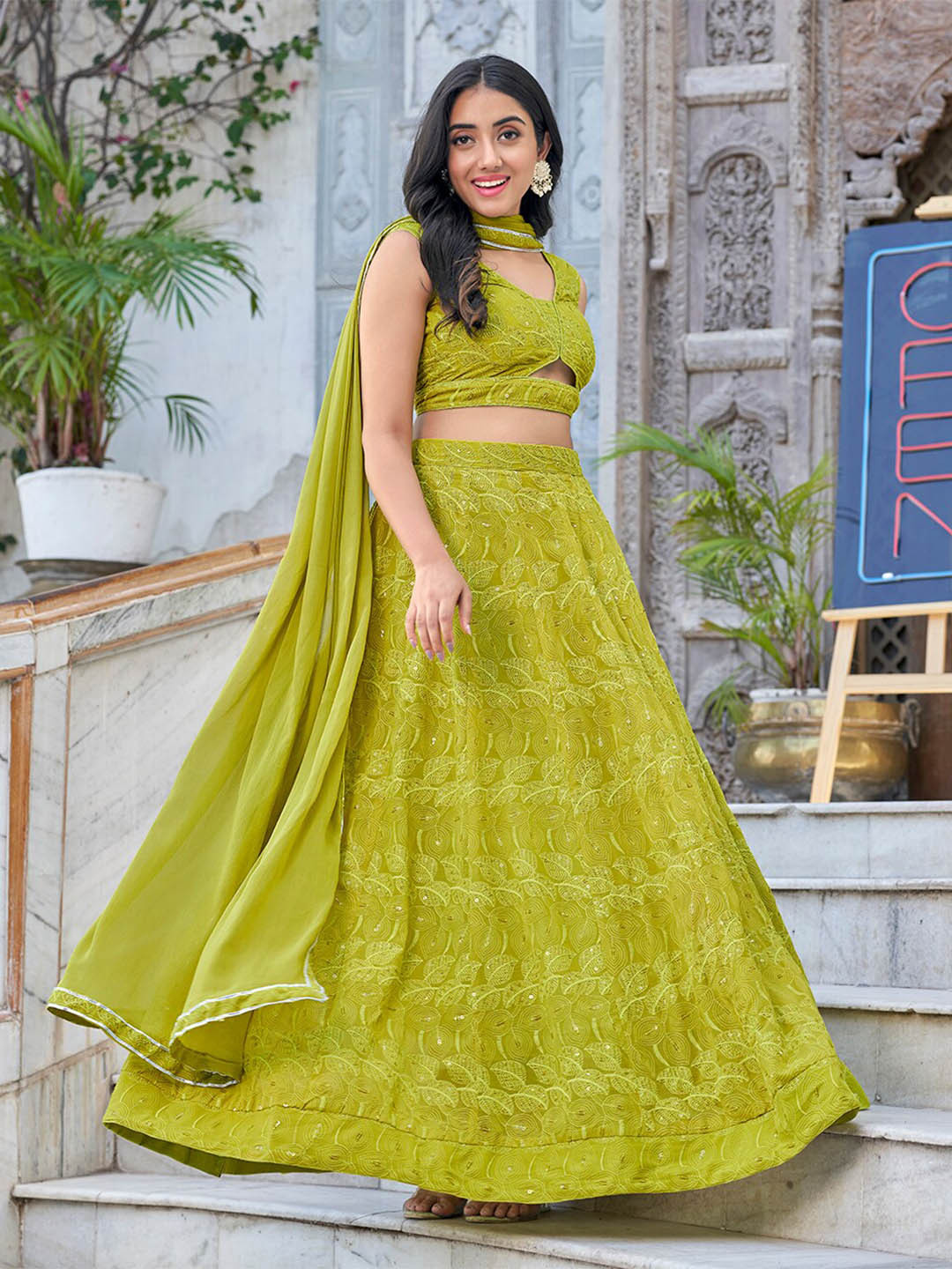 

PRENEA Embroidered Sequinned Ready to Wear Lehenga & Blouse With Dupatta, Lime green