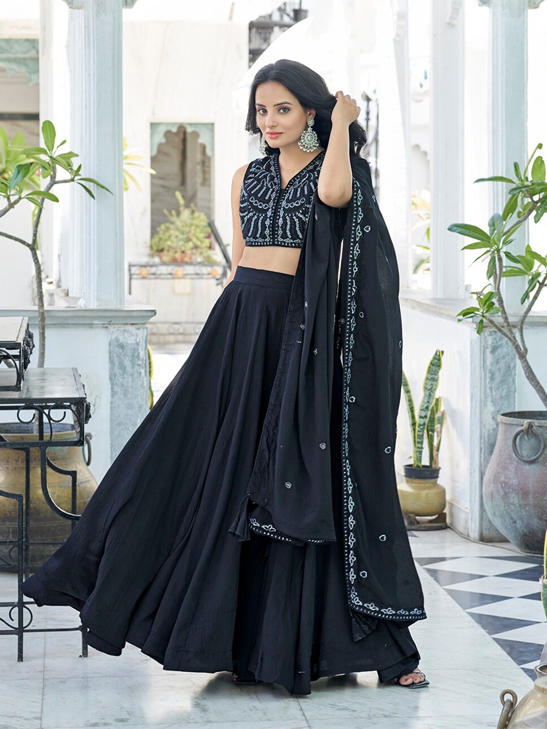 

PRENEA Embroidered Sequinned Ready to Wear Lehenga & Blouse With Dupatta, Black