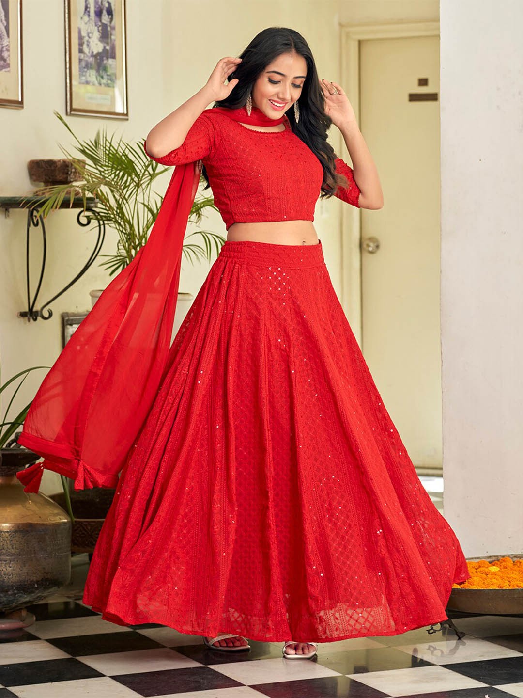 

PRENEA Embroidered Sequinned Ready to Wear Lehenga & Blouse With Dupatta, Red