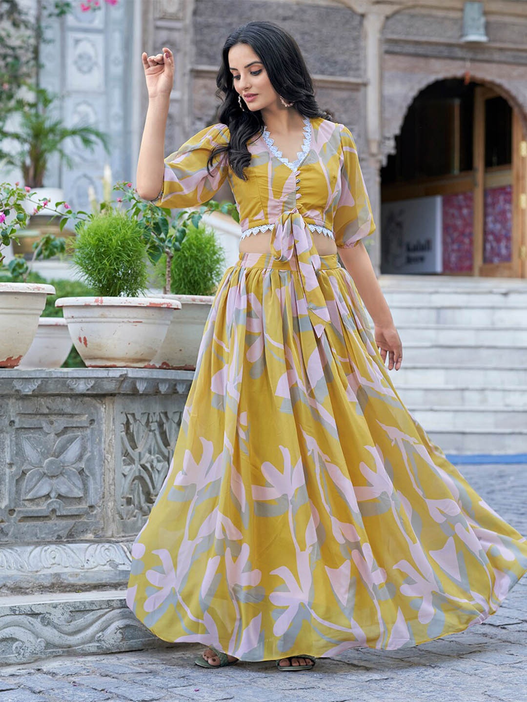 

PRENEA Printed Ready to Wear Lehenga & With Blouse, Lime green