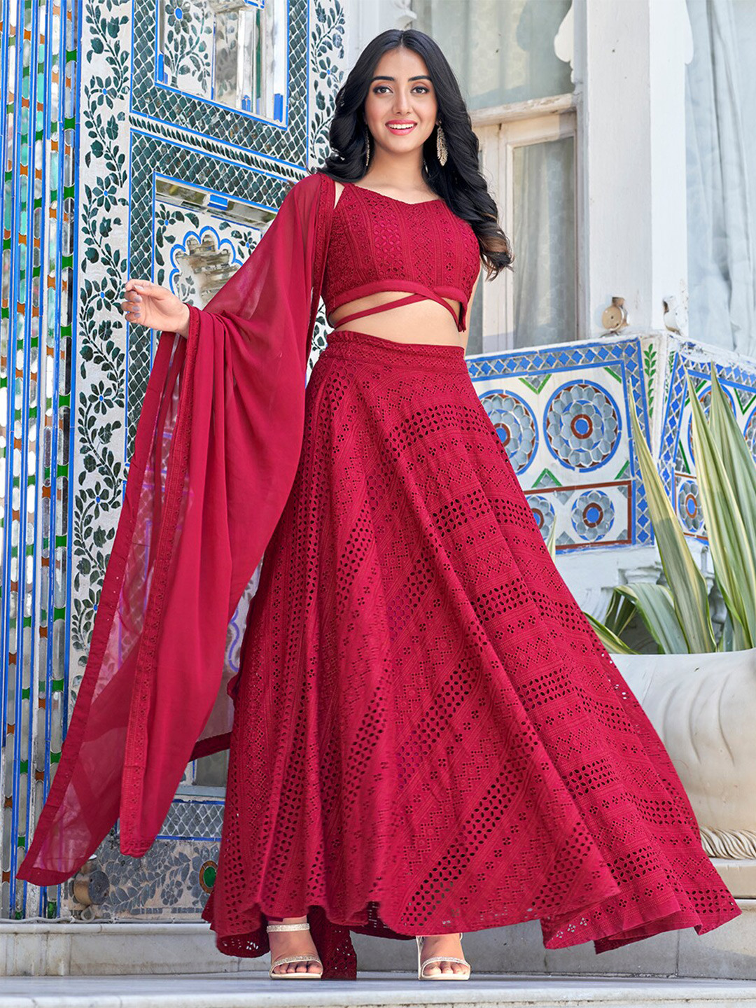 

PRENEA Woven Design Ready to Wear Lehenga & Blouse With Dupatta, Red