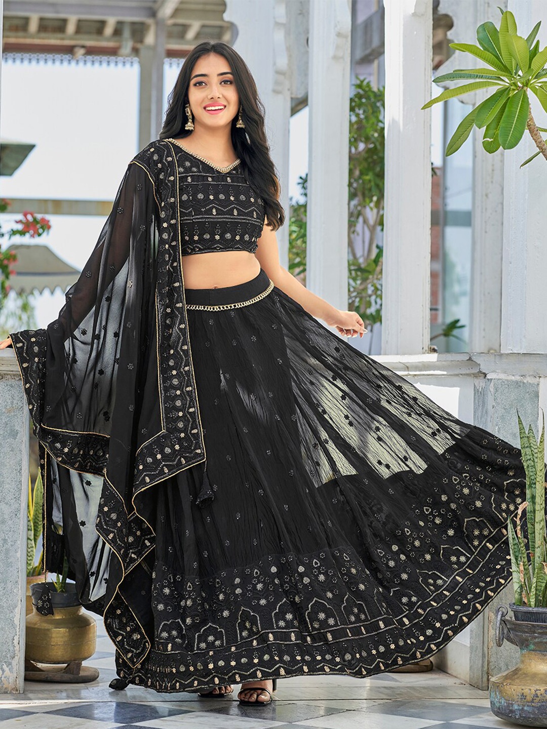 

PRENEA Embellished Sequinned Ready to Wear Lehenga & Blouse With Dupatta, Black