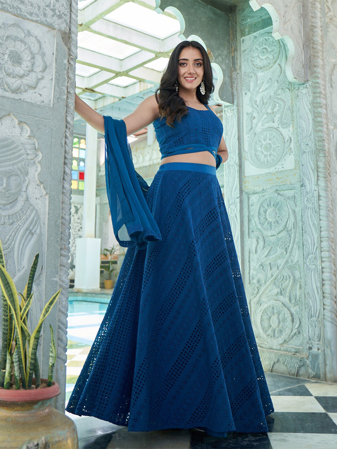 

PRENEA Schiffli Ready to Wear Lehenga & Blouse With Dupatta, Teal
