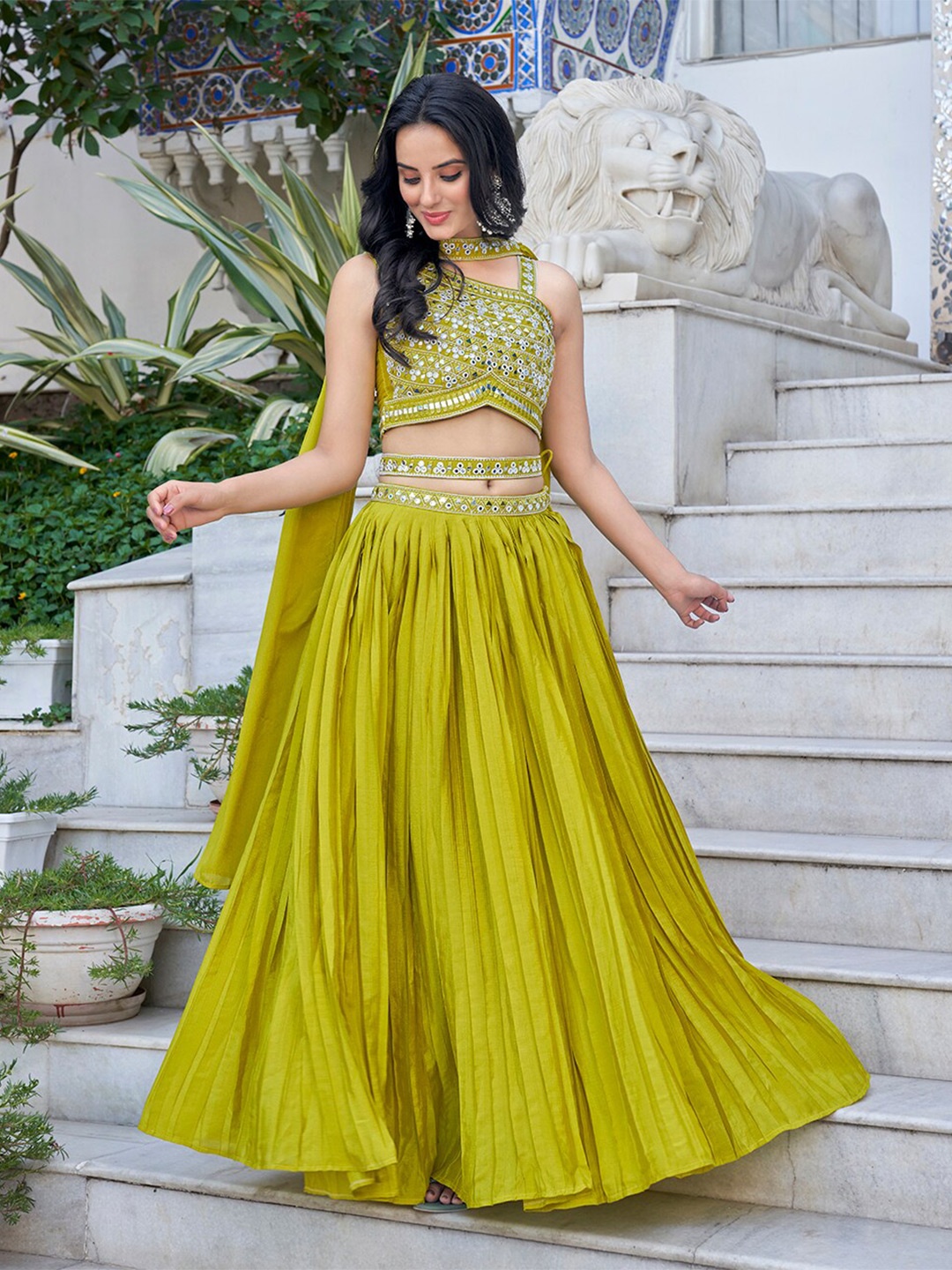 

PRENEA Embroidered Mirror Work Ready to Wear Lehenga & Blouse With Dupatta, Lime green
