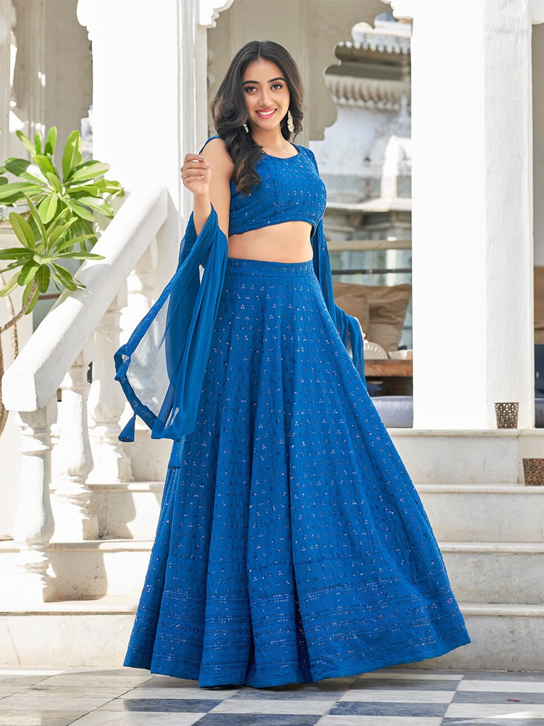 

PRENEA Embellished Sequinned Ready to Wear Lehenga & Blouse With Dupatta, Blue