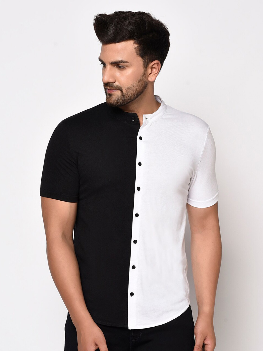

GLITO Colourblocked Regular Fit Mandarin Collar Cotton Casual Shirt, Black