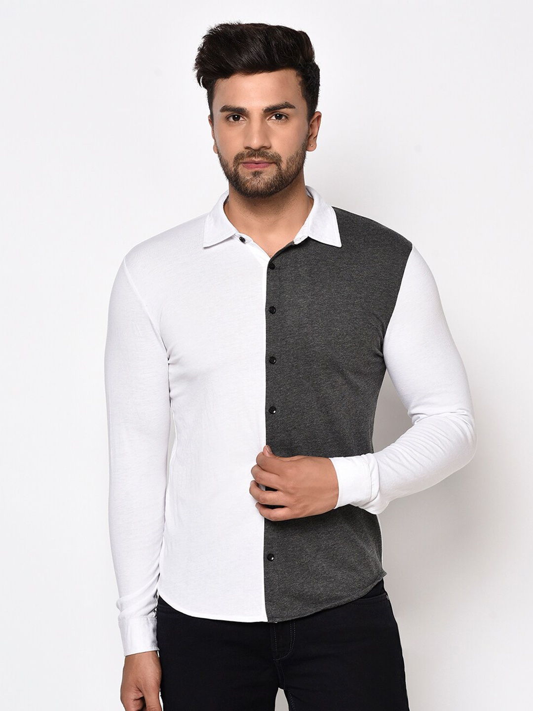GLITO Men Colourblocked Regular Fit Spread Collar Cotton Casual Shirt, White