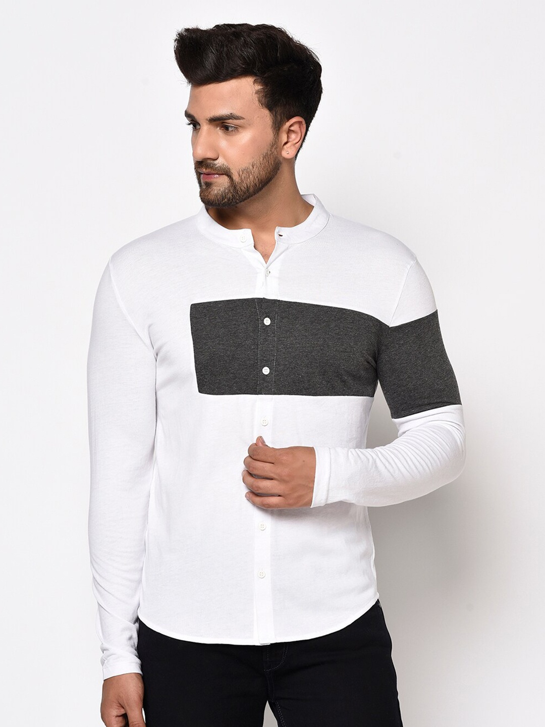 GLITO Colourblocked Regular Fit Mandarin Collar Cotton Casual Shirt, White