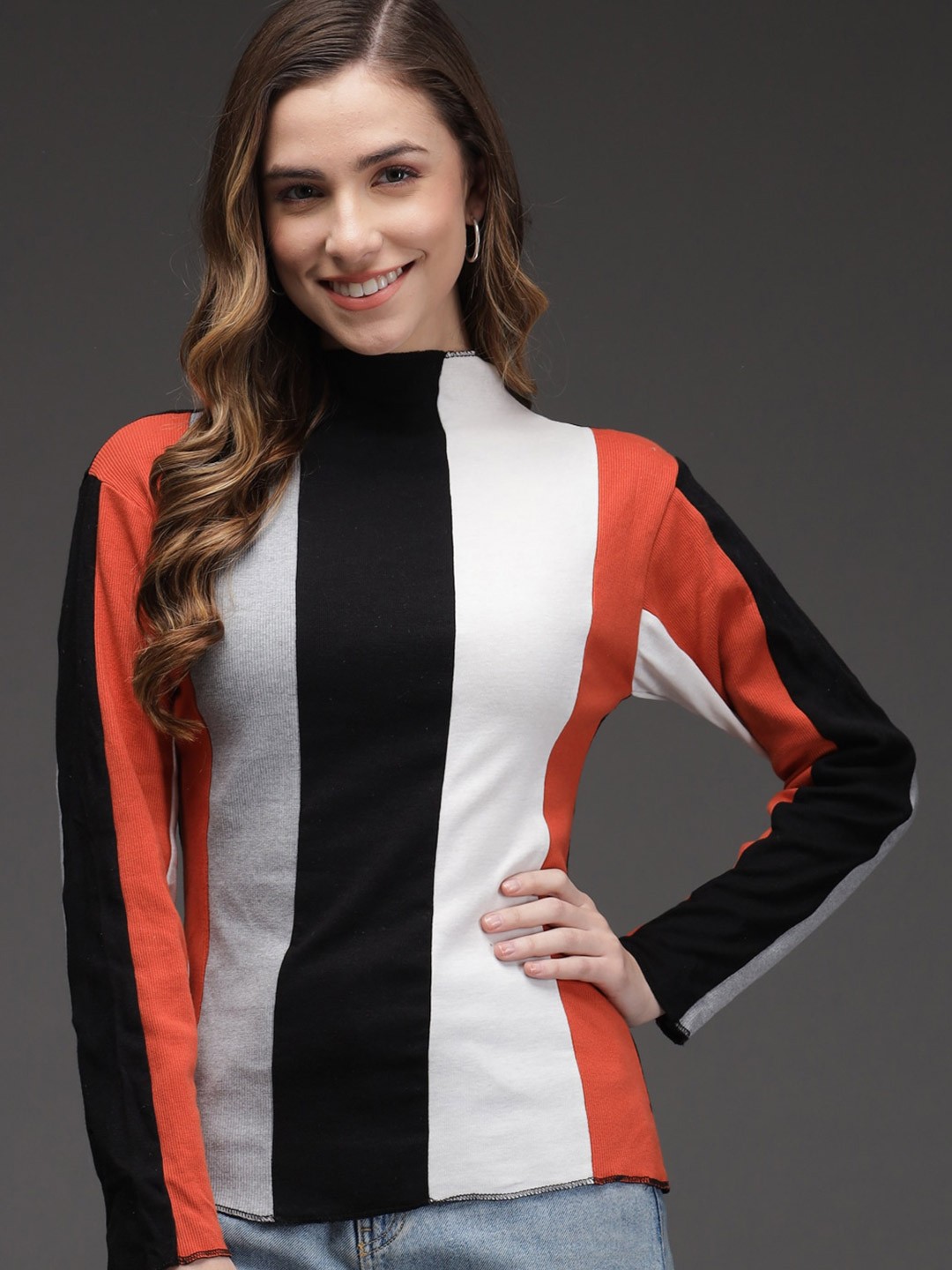 

BAESD Colourblocked High Neck Cotton Top, Red