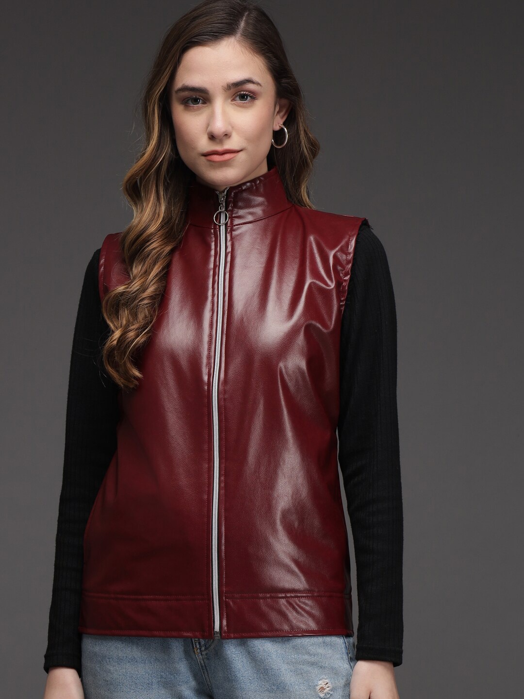 

BAESD Mock Collar Sleeveless Leather Jacket, Maroon