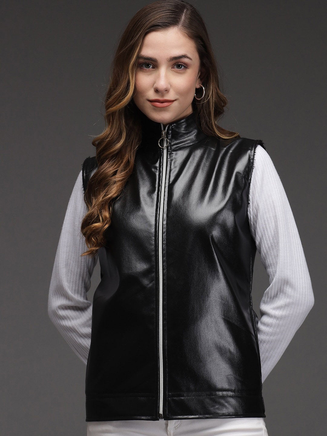 

BAESD Mock Collar Sleeveless Leather Jacket, Black