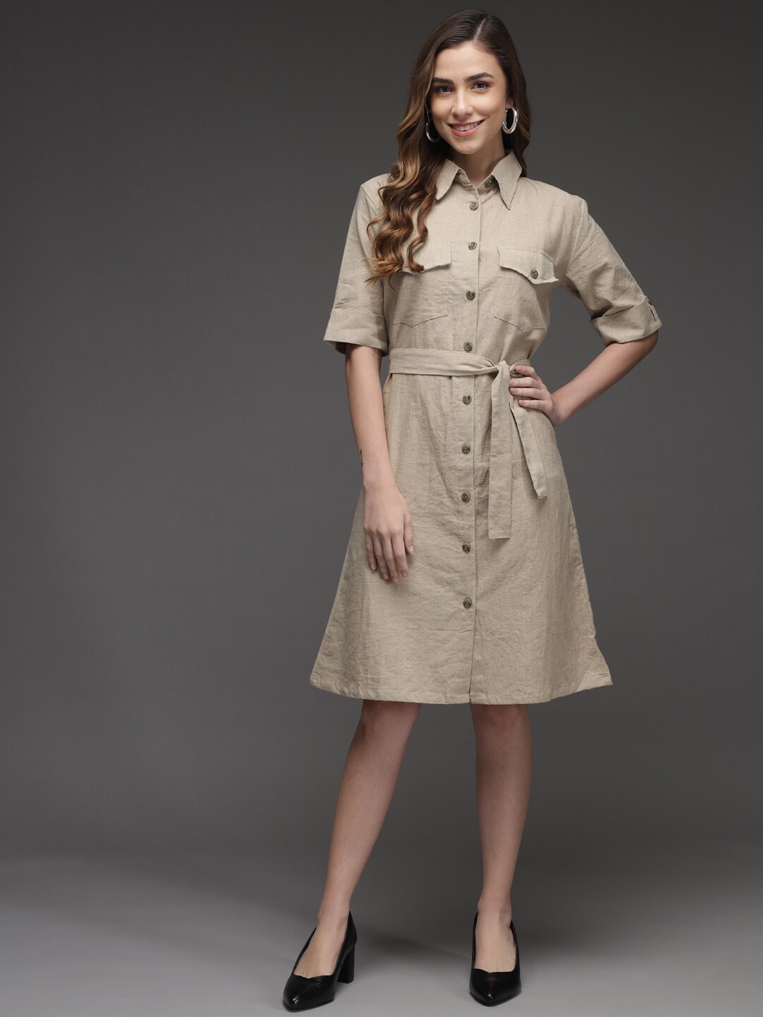 

BAESD Roll-Up Sleeves Shirt Dress, Brown