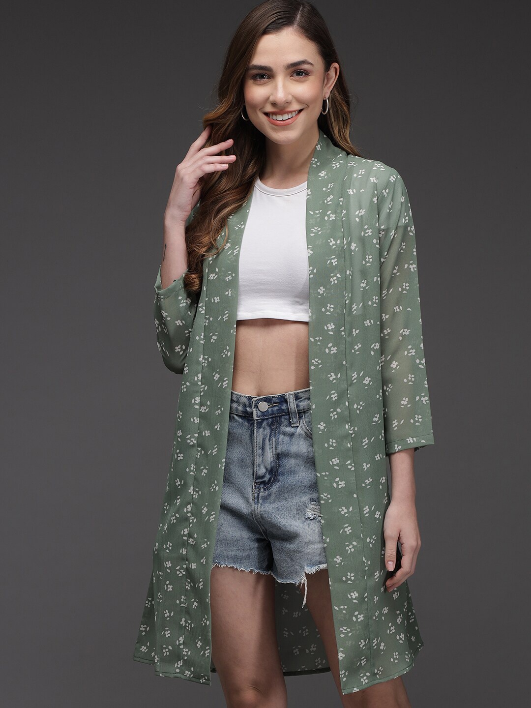 

BAESD Abstract Printed Button Georgette Longline Shrug, Green