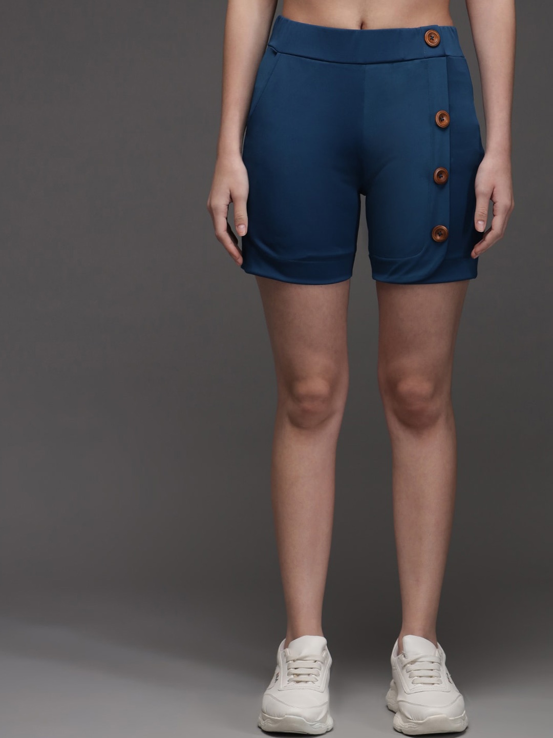

BAESD Women Mid-Rise Casual Shorts With Button Detail, Blue