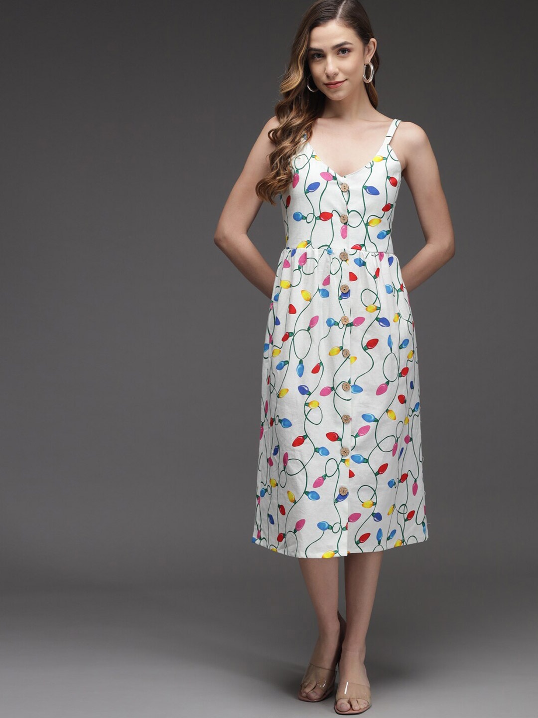 

BAESD Conversational Printed Sleeveless A-Line Midi Dress, White