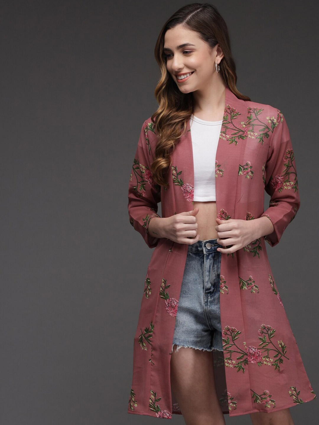 

BAESD Floral Printed Button Georgette Longline Shrug, Maroon