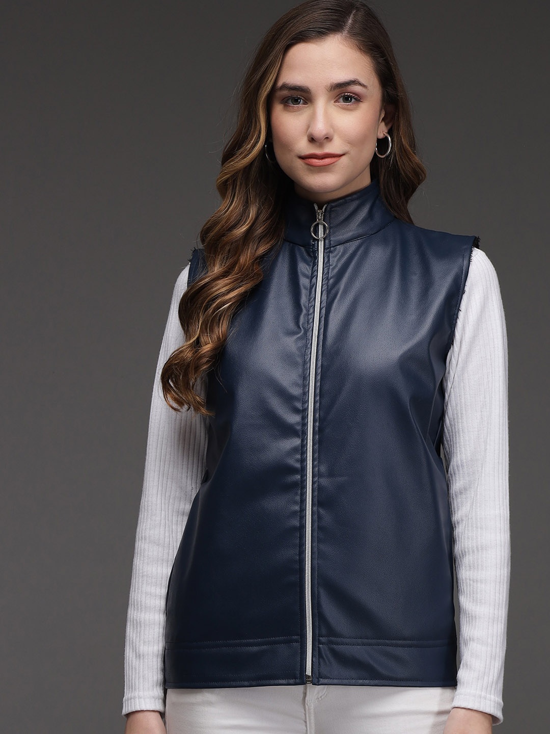 BAESD Mock Collar Sleeveless Leather Jacket, Navy blue
